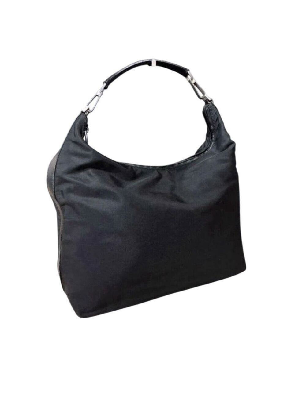 Gucci Black Nylon Shoulder Bag w Leather Trim 1990’s, Dust Bag